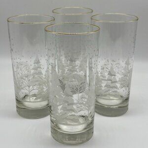 Vintage Libbey Pines Etched & Gold Rimmed Winter Scene Highball Glasses Set Of 4